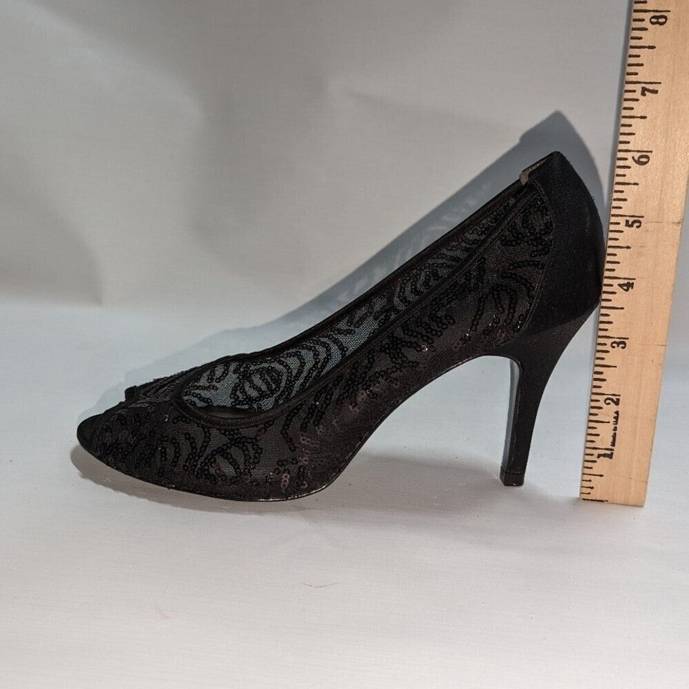 Gothic Glam Adrianna Papell Black Sequin Peep Toe Evening‎ Heels 9M Quiet Luxury